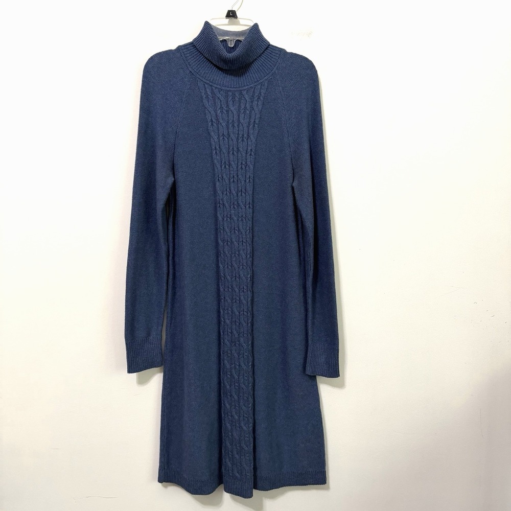 J Jill Cable Knit Turtleneck Sweater Dress XS Blue Twilight Heather Cozy Sweater